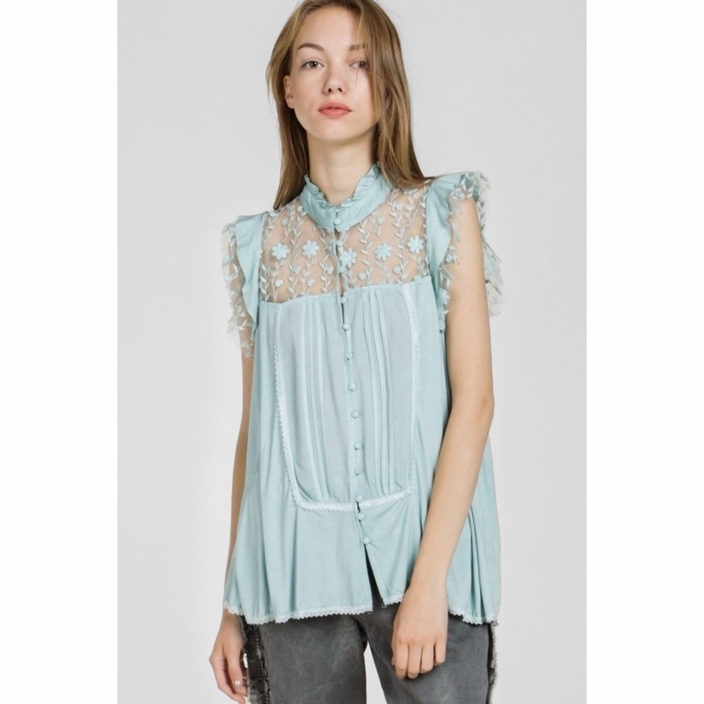 POL Mint Green Pleated Floral Lace Button Down Sleeveless Rayon Top - Picture 2 of 6